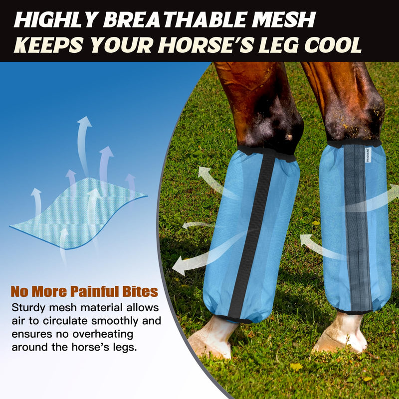 Fly Boots for Horses, Non-Slip Breathable Horse Fly Boots,Extra Tough Mesh Horse Fly Leggings Prevents Flies and Mosquitoes from Biting Set of 4 Universal Size(Blue) Blue