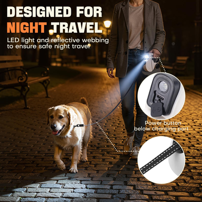 Retractable Dog Leash with LED Light & Reflective Tape for Night Walk, 16ft Dog Leash with Poop Bag Dispenser, Chew-Proof Steel Cable, One-Button Brake & Lock for Medium Dogs up to 66 lbs (BLK&WHT) Coal