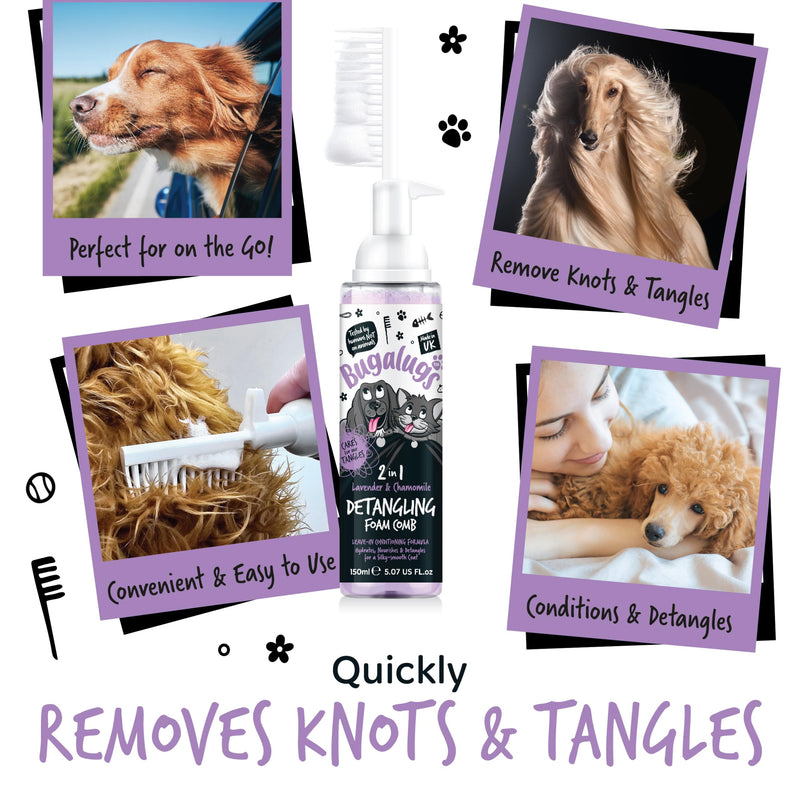 Bugalugs Pet Detangler Foam Comb - leave In conditioner spray for de matting. No tangles. Professional dog grooming formula with Wheat protein. Dog Detangler Spray knot removal (Lavender & Chamomile) Lavender & Chamomile