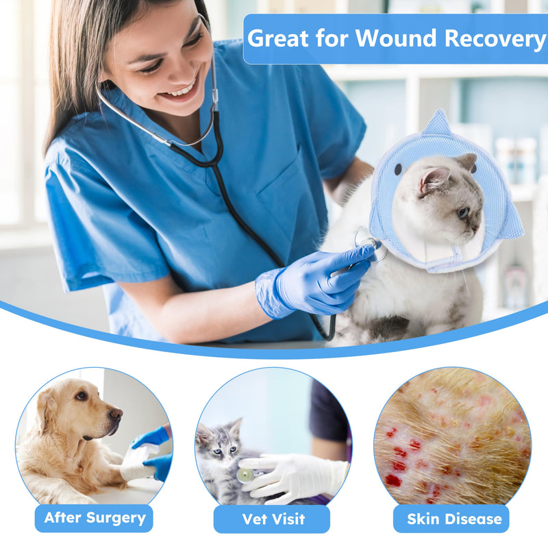 Cat Cone Collar Soft, Adjustable Cat Recovery Collar After Surgery to Prevent Licking Wound, Breathable Cat Neck Cone Comfortable Pet Elizabethan Collar for Cats Kittens Cute Shark Design Small Blue Shark - PawsPlanet Australia