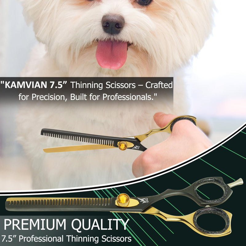 Dog Grooming Scissors – 7.5” Thinning Shears with 34 Teeth, Chunkers for Dogs & Cats, Precision Cut with 440C Stainless Steel, Designed for Groomers and Pet Owners Golden/Black Thinning Scissors - PawsPlanet Australia