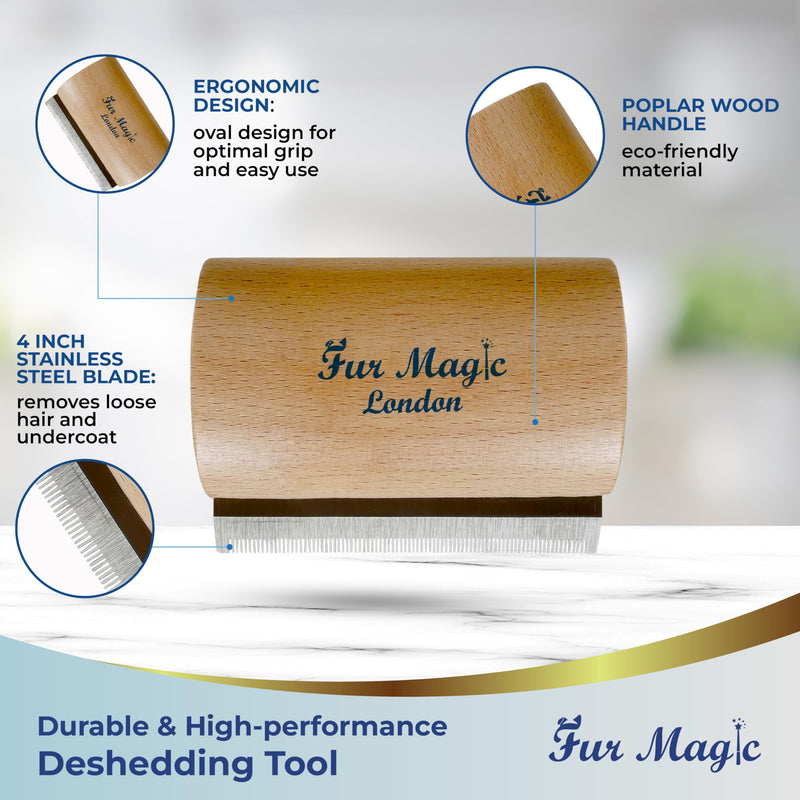 Fur Magic Wooden Deshedding Tool for Dogs and Cats, Grooming Brush for Shedding, 4 inches