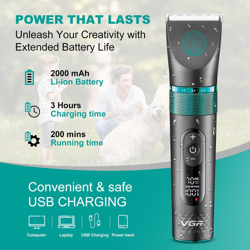 VGR Dog Grooming Clippers Cordless Professional for Thick, Curly Hair/Coats Kit - Pet Trimmer/Shaver - Waterproof - Electric Rechargeable Battery via USB-C - Ceramic Blades - Cat Matted Fur, Puppy