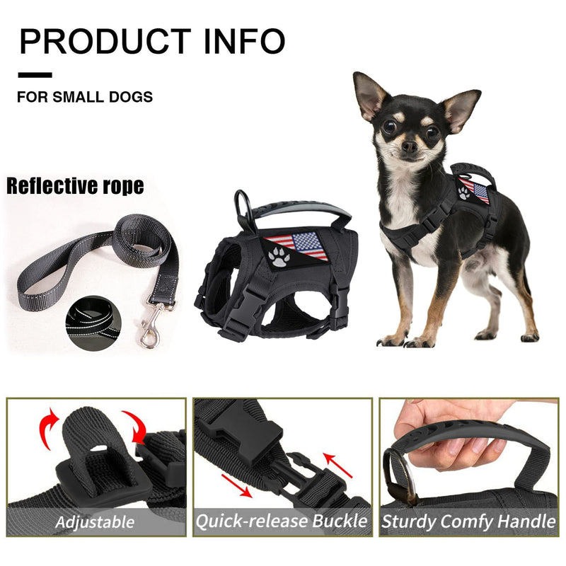 Tactical Dog Harness with Leash Tactical Puppy Vest with Rubber Handle K9 Military Adjustable Pet Harness for Outdoor Training XS Dog Harness (Black Harness with Leash) Black harness with leash