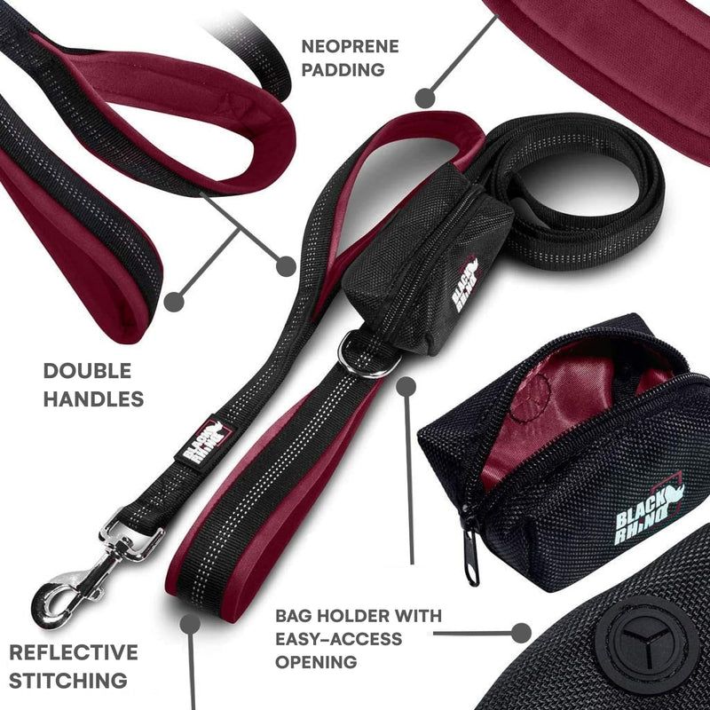 Black Rhino Heavy Duty Dog Leash for Medium and Large Dogs - 6 ft Long Double Handle Leash with Padded Traffic Control Handles and Bag - Reflective, Durable, and Weather Resistant (Burgundy) Burgundy - PawsPlanet Australia