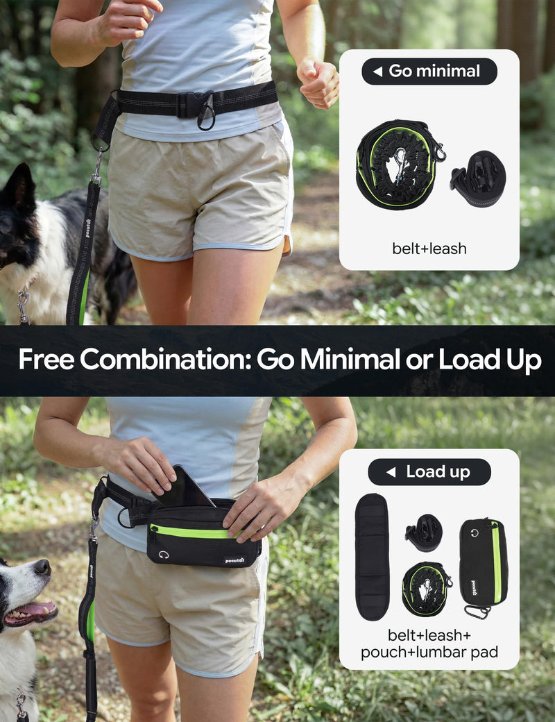 Hands Free Dog Leash, Running Waist Belt with Pouch Removable & Multifunctional| Shock Absorbing Bungee| Thickened Lumbar pad & Comfortable Dual Handles|Dog Walking, Training for 11-33lbs Puppy Small Black
