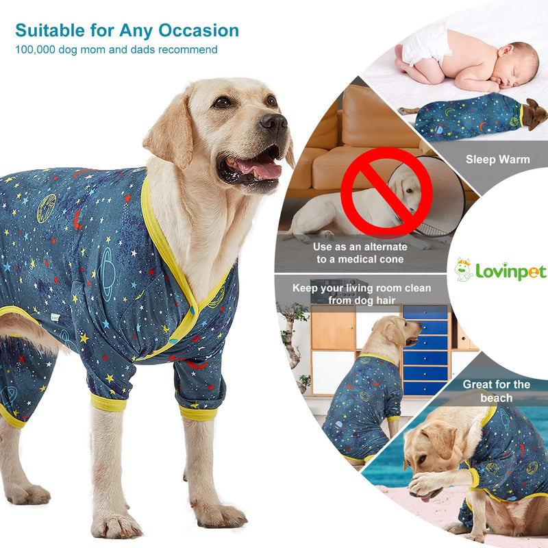 LovinPet Large Dog Surgery Recovery Shirt, Undershirt for Dog Coats, Anti Licking, Pitbull Clothes, Pet Anxiety Onesies, Navy Space Print, Pet Pajamas for Dogs, Pitbull Onesie, L Yellow collar/Blue