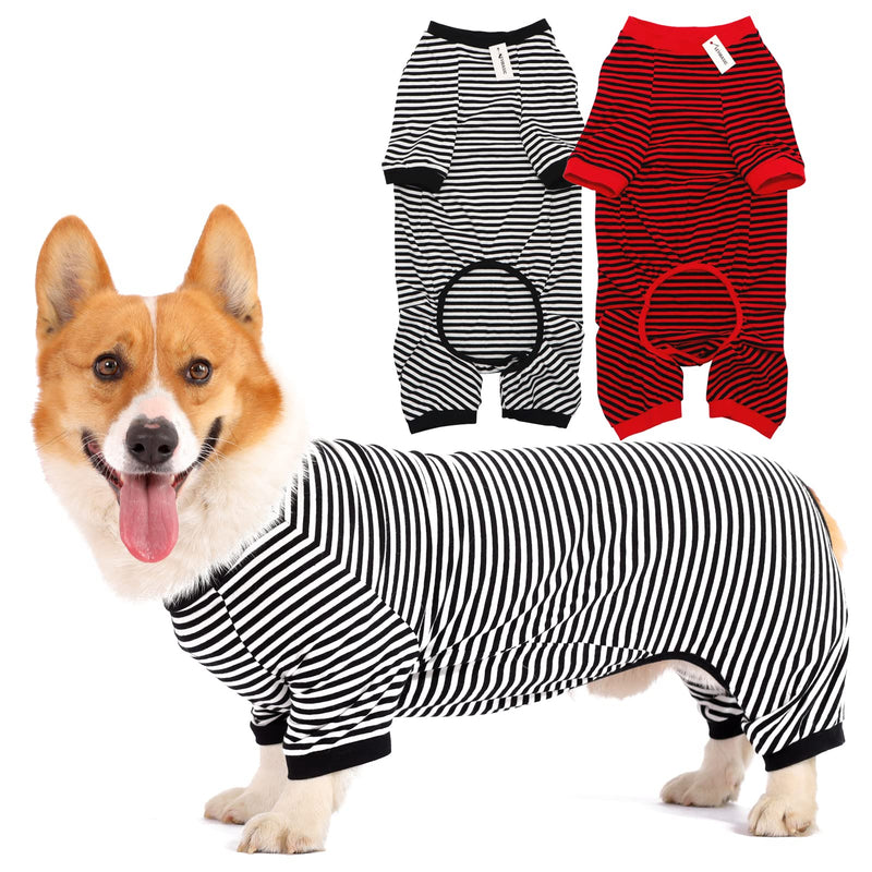 Dog Pajamas Cotton Striped Pup Jumpsuit, Breathable 4 Legs Basic Pjs Shirts for Puppy and Cat, Super Soft Stretchable Dog Jammies for Boys and Girls (Medium, Black Red+Black) Medium