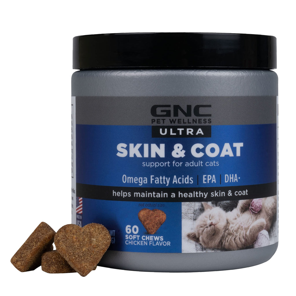 GNC Pets Ultra Skin & Coat Soft Chews, Cats, Chicken Flavor. 60-ct in an 8-oz Canister | Skin and Coat Supplements for Cats in Chewable Chicken Flavor 60 Count