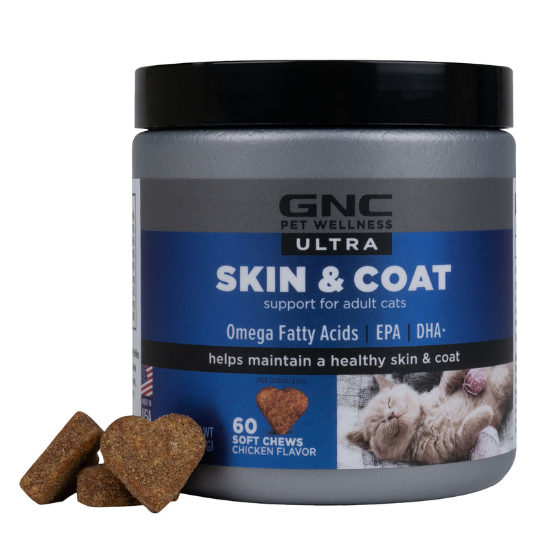 GNC Pets Ultra Skin & Coat Soft Chews, Cats, Chicken Flavor. 60-ct in an 8-oz Canister | Skin and Coat Supplements for Cats in Chewable Chicken Flavor 60 Count