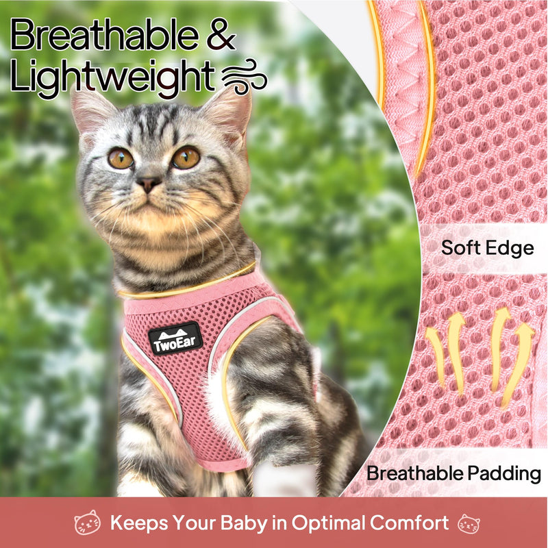 TwoEar Cat Harness Escape Proof, Soft Dog Vest Harness Adjustable, Breathable Mesh Step-in Puppy Walking Jacket Reflective Easy Control for Extral Small Pets for Outdoor Walking (XXXS, Pink) XXXS(Neck:10.2-11.4"/Chest:11.4-12.6") - PawsPlanet Australia