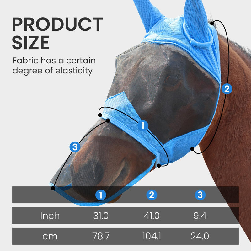 Fly Masks for Horses with Ears and Nose Cover Large Eye Space, Adjustable Horse Fly Mask for Daily UV Protection Breathable Comfort Fit Riding & Competition(Blue, L) Sky Blue