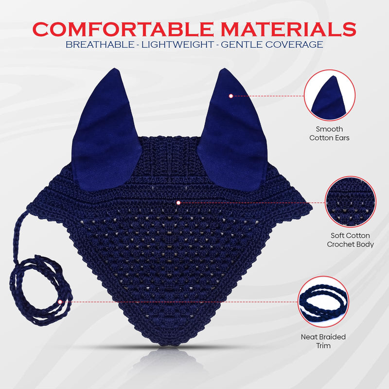 Equine Care Horse Fly Bonnet Full Size Blue – Breathable Cotton Crochet Ear Bonnet, Fly Veil & Ear Net for Horses with Noise Reducing Cotton Ears for Dressage, Hunter Jumper & English Riding