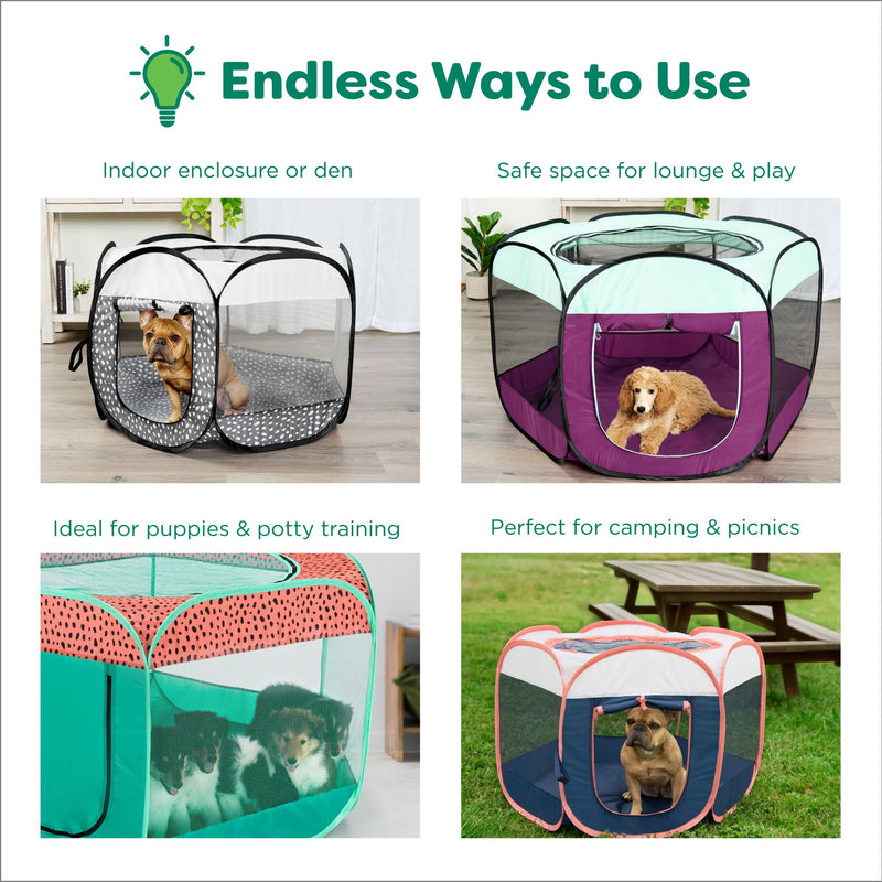 Furhaven Portable Dog Playpen Cat Tent, Pet Playground,Kennel Foldable Indoor Outdoor Zippered Puppy Crate - Green & Pink, Small