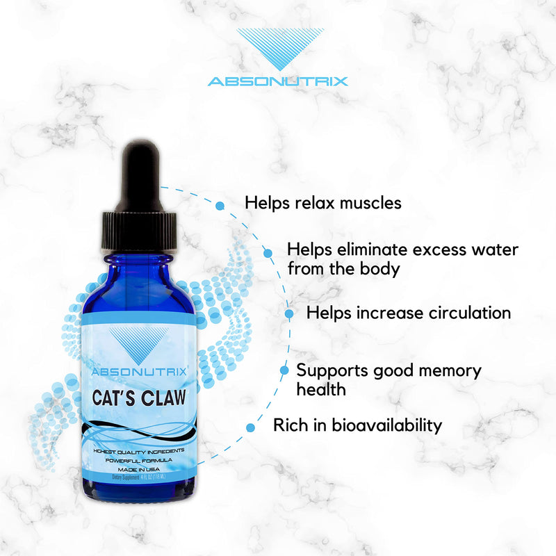 Absonutrix Cats Claw 590mg, 4 Oz Liquid Bottle, 200 Servings, High Bioavailability, Boosts Immunity, Helps Detoxify The Body, Non-GMO, Third-Party Tested, Immune & Joint Support, Made in USA - PawsPlanet Australia