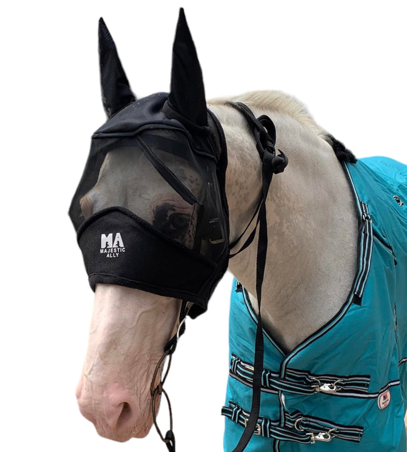 Majestic Ally Horse Fly Mask with Ears, Comfort Durable Fine Mesh, Soft Fleece Touch on Skin, Protect Eyes and Ears (Black) Black - PawsPlanet Australia