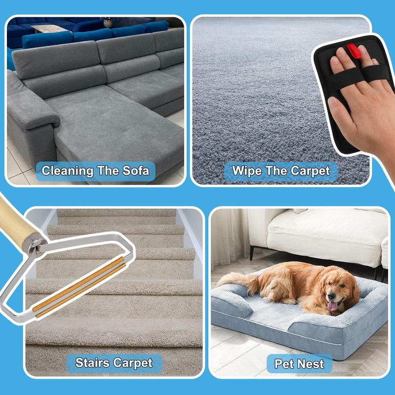 3 in 1 Carpet Rake for Pet Hair Removal, Reusable Pet Hair Remover Broom, 60'' Adjustable Long Handle Dog and Cat Hair Remover Tool Set of 3, Lint Remover Scraper for Carpets, Rugs, Mats, Couch, Car 60inch Blue - PawsPlanet Australia