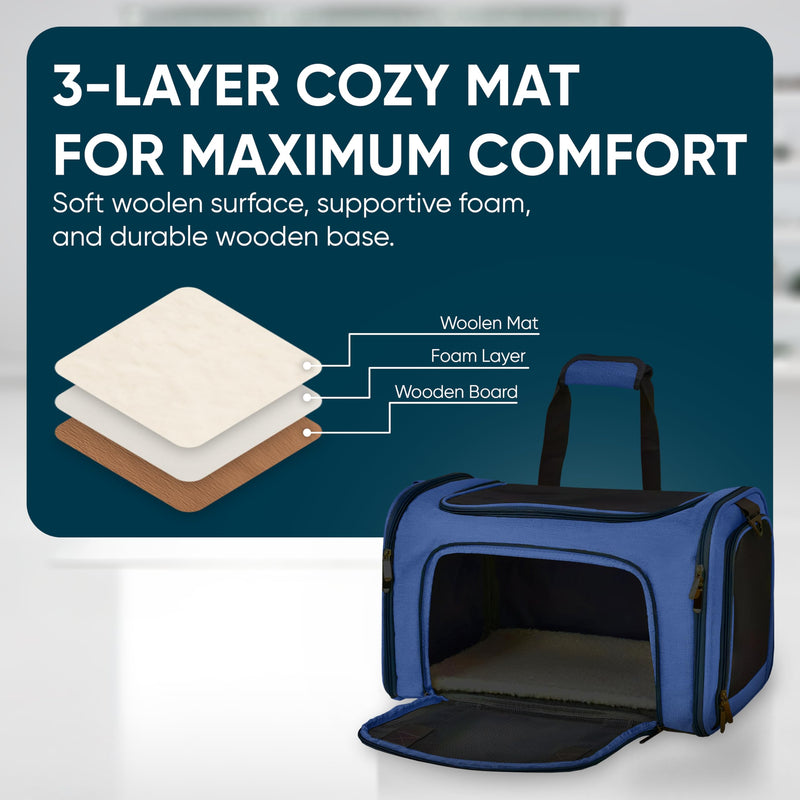 Pet Travel Carrier Bag – Airline Approved Soft-Sided Dog & Cat Carrier, Foldable, Breathable Mesh, Washable Pad – Fits Pets up to 15 lbs – The Pup Quartet (Blue) Blue