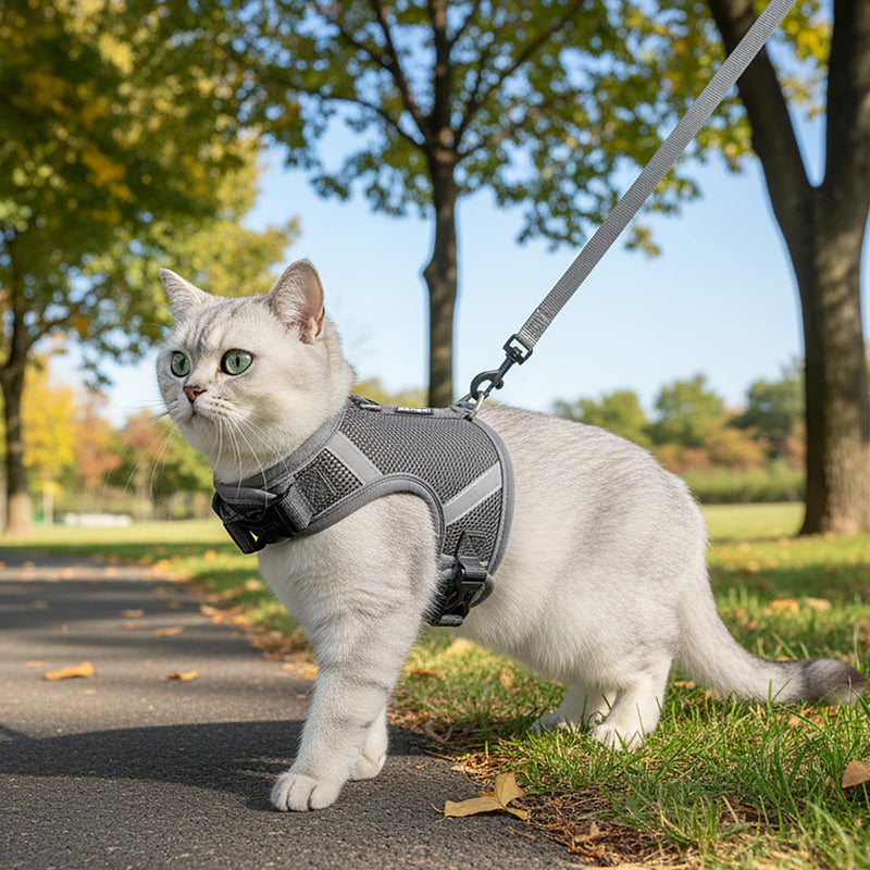 Cat Harness and Leash Escape Proof Kitten Harness Cat Leash for Walking Travel Service Cat Vest, Grey, X-Large - PawsPlanet Australia