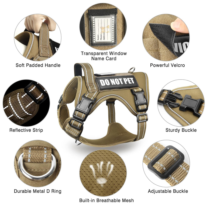 Tactical Dog Harness and Leash Set for Large Dogs,Heavy Duty No Pull Service Dog Vest and 10 Patches with Dog Seat Belt,Reflective Adjustable Pet Harness for Training Walking Hiking Brown L - PawsPlanet Australia