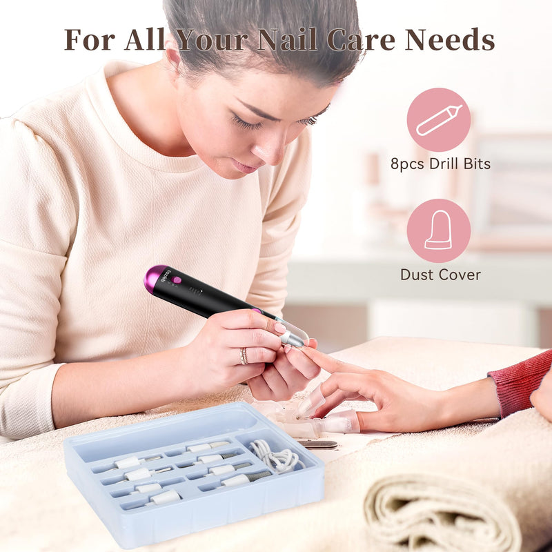 Electric Nail Drill, 8-in-1 Cordless Electric Nail File with LED Light, 5 Speeds Rechargeable Manicure and Pedicure Kit Hand Foot Care Tool for Nail Grinder Trim Polish for Women Baby Black - PawsPlanet Australia