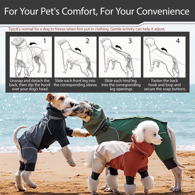 Waterproof Pet Jacket for Small & Medium Dogs and Cats, 4-Leg Hooded Reflective Raincoat, Windproof Dustproof Heavy Rain Protection, All-Season Outdoor Pet Coat with Metal Leash Ring Wine Red X-Small