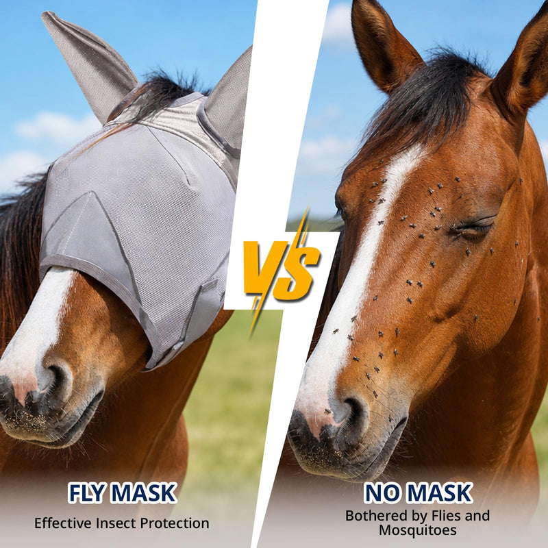 Adjustable Horse Fly Mask with Ears, UV Protection Mesh Fly Mask for Horse, Comfortable No Nose Design, Fits Average & Large Horse, Ideal as UV Fly Mask for Horses Against Insect Pests