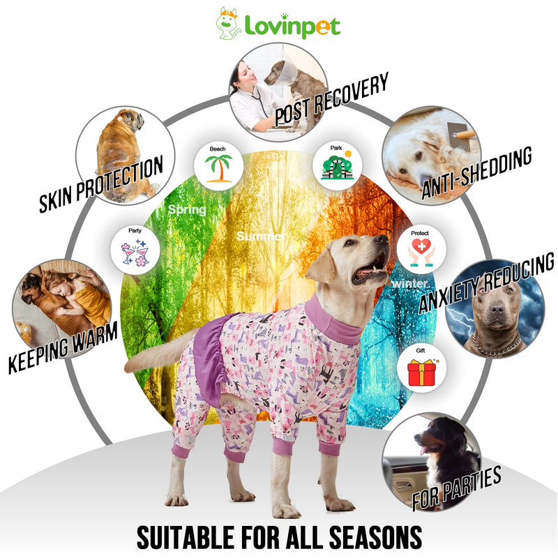 LovinPet Long Sleeve Onesie for Large Dogs, High Collar Cotton Dog Shirt, Anti-Shedding, Lightweight Stretchy Knit, Stop Shedding for Dogs, Pink Puppy Print, Shirt for under dog dresses, Pet Pj's, 2XL XX-Large Pink Purple