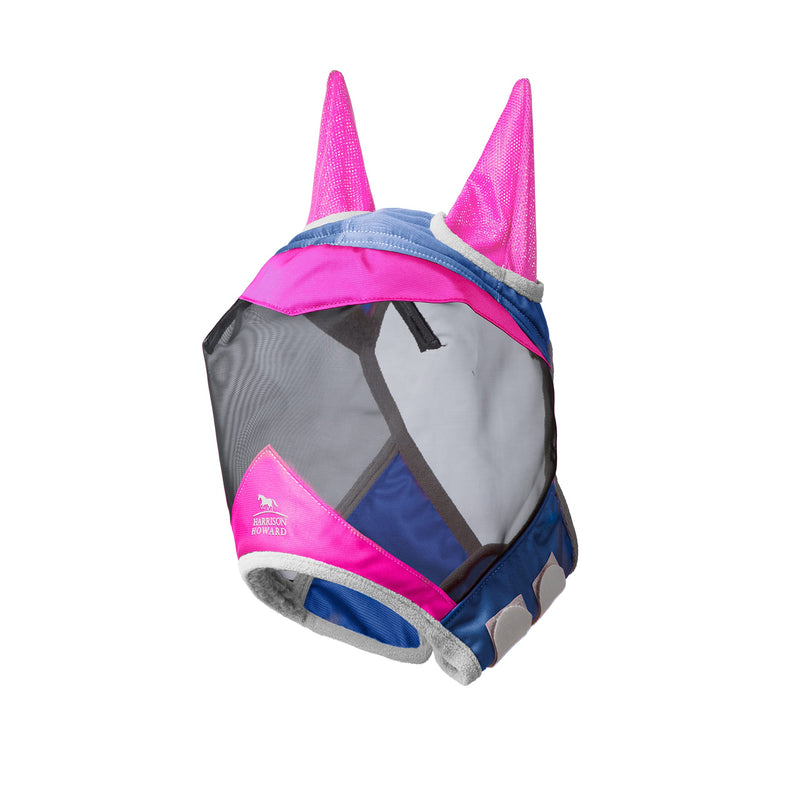 Harrison Howard Luxe Dual-Tone Horse Fly Mask Half Face with Ears Fully Visible UV-Blocking Fine Mesh Soft Fleece Edging for Extra Comfort Fuchsia/Navy L Full Size Full (Large)