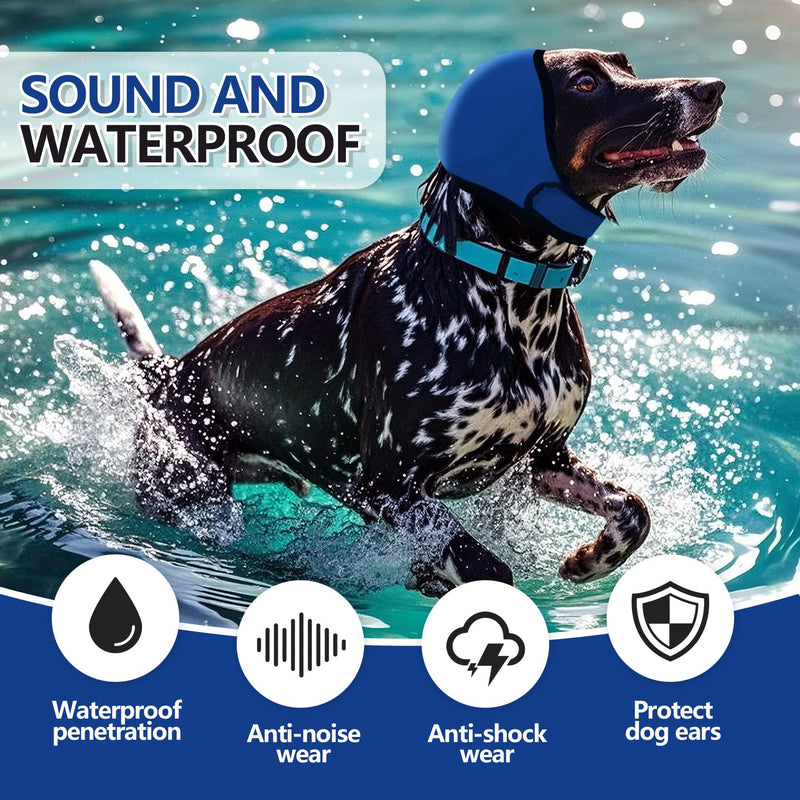 JOHNBOLIN Dog Ear Muffs & No Shake Ear Wrap for Hematoma, Bathing, Drying & Noise Anxiety Relief - Elastic Waterproof Ear Protector with Calming Hoodie Design for Grooming (Blue, M) Medium(Head Circle:14"-19") Blue