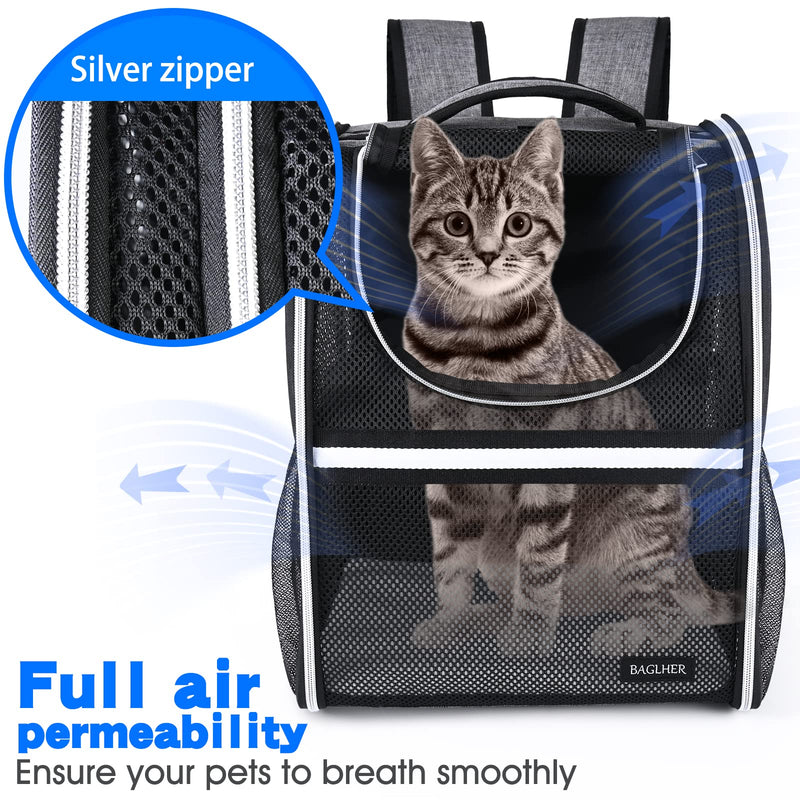 BAGLHER Pet Carrier Backpack, Ventilated Design, Pet Travel Backpack with Comfortable Shoulder Straps, Thicker Bottom Support, Two-Way Entrance Pet Carrier Backpack, Black Mesh Black Non-Expandable