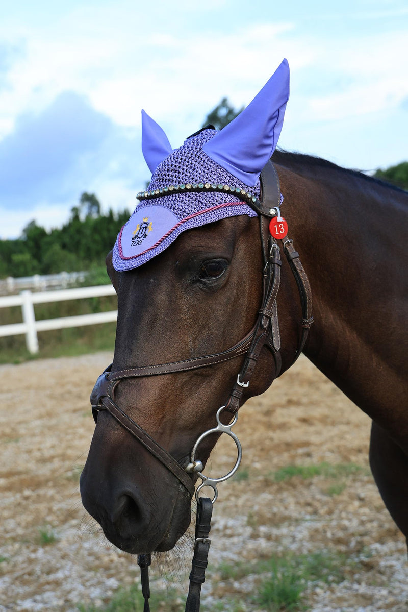 T TEKE Gorgeous Horse Ear Bonnet, 68% Viscose + 32% Acrylic Hand Crocheted mesh with Stylish Piping, Spandex Ears Horse (12-15.3HH) Blue - PawsPlanet Australia