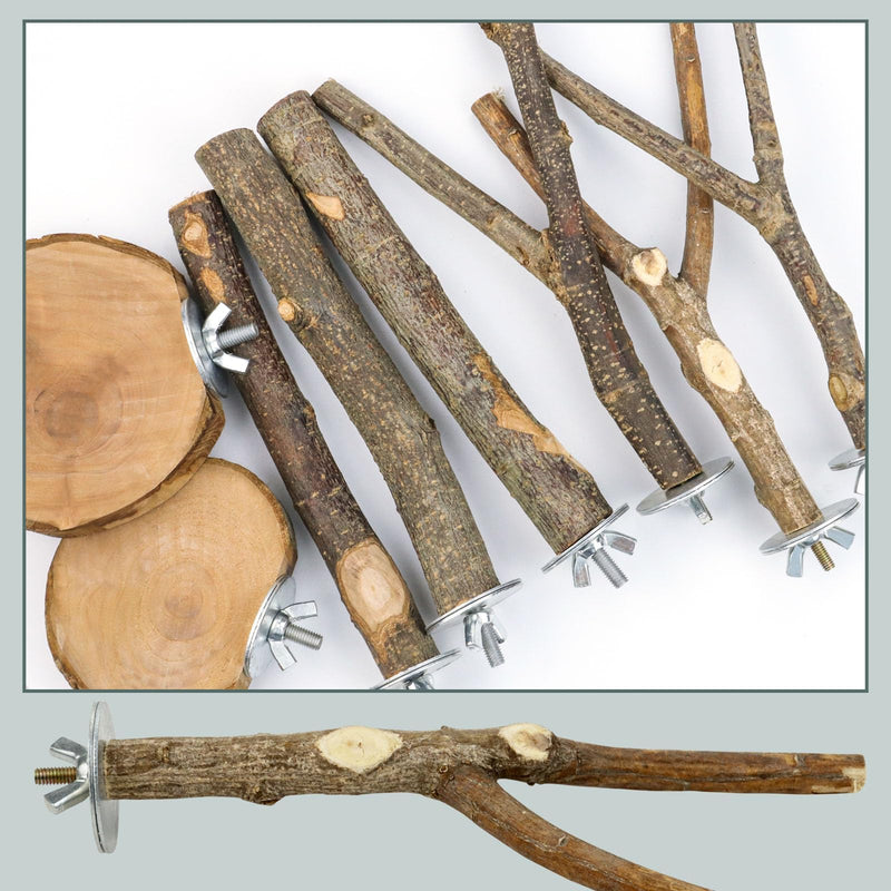 Natural Wood Bird Perches for Cage, Parrot Perch Stand & Platform, Bird Cage Accessories for Parakeets, Cockatiels, Conures, Lovebirds (Brown, Core Perch & Platform - 8PCS) brown - PawsPlanet Australia
