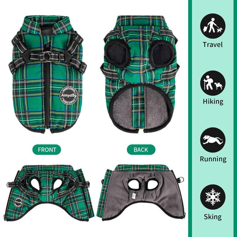 Dog Coat with Harness Built in,Dog Winter Jacket with Padded Fleece,Reflective Waterproof Coat for Small Medium Dogs,Green S Green - PawsPlanet Australia