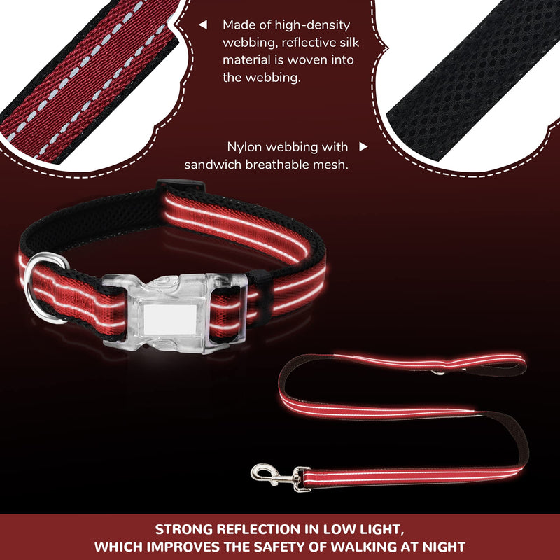 Reflective Dog Collar and Leash Set for Large Dogs, 4 FT/5 FT Dog Leash, Handle with an O-ring, Adjustable Mesh Padded Large Dog Collar with Quick Release Buckle-Red Large Set Red Set - PawsPlanet Australia