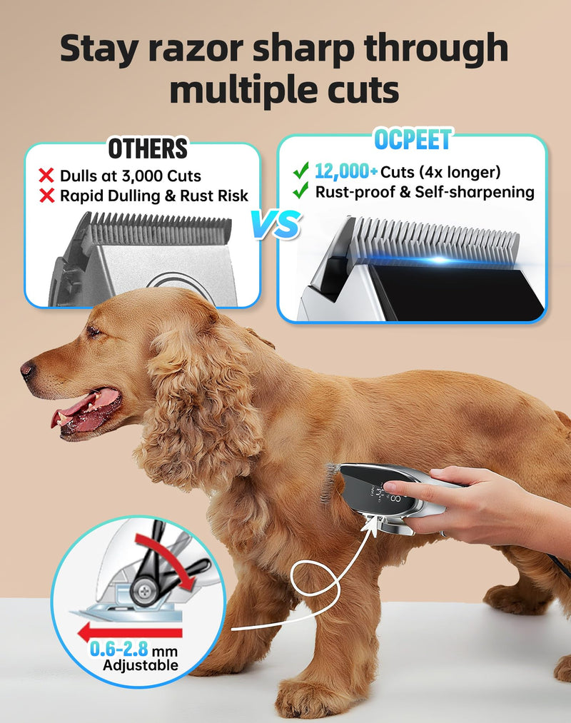 Dog Grooming Kit Low Noise,Cordless 4 in 1 Dog Clippers for Grooming Rechargeable Pet Cat Hair Trimmer with 2 Speed,6 Guards,Scissors,Comb for Small Medium Large Pets Dogs Cats Thick Hair Sliver Whisper-quiet Light Sliver
