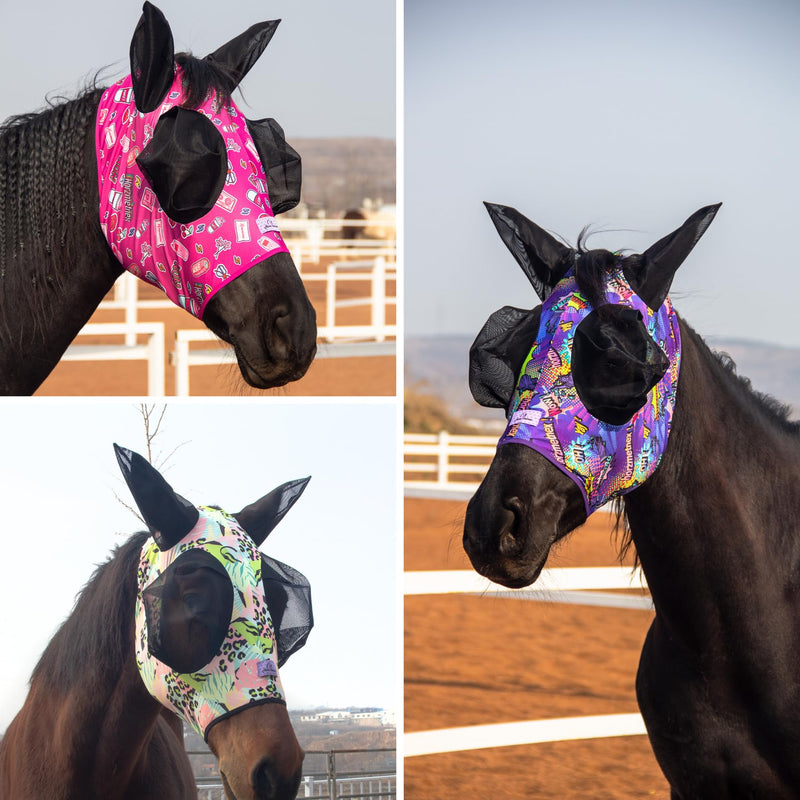 Stretchy Fly Mask for Horses 3-Pack, Mane Opening Design, Large Eye Space, Breathable & Soft on Skin (Pop Art Mix, Full (Large)) Full (Large) Pop Art Mix