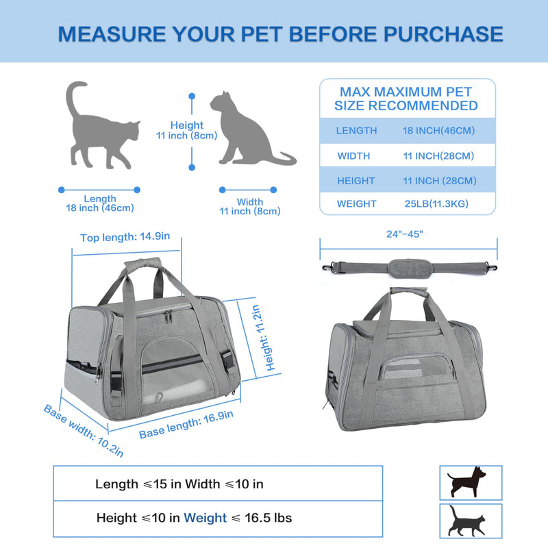 FluffyDream Pet Travel Carrier Soft Sided Portable Bag for Cats, Small Dogs, Kittens or Puppies, Collapsible, Durable, Airline Approved, Travel Friendly (Grey, 17.0" L x 10.0" W x 11.0" H) (Grey) Grey 10.0"L x 11.0"W x 17.0"H