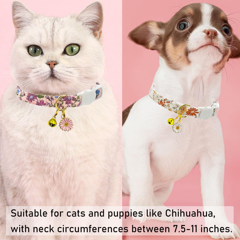 2 Pack Cotton Breakaway Cat Collars Set with Bell and Flower Pendant, Cute Floral Fruit Patterned, Adjustable 7.5-11Inch, Include A Mouse Toy Gift beige+dark pink - PawsPlanet Australia