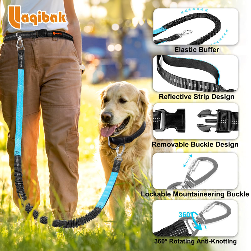 Hands Free Dog Leash, Adjustable Waist Leash for Dog, Handle Bungee Dog Leash 4.2-6.7 Feet Long with Reflective Stitches for Walking Hiking Running, Fits 26"- 47" Waist, Black & Blue Black-Blue - PawsPlanet Australia