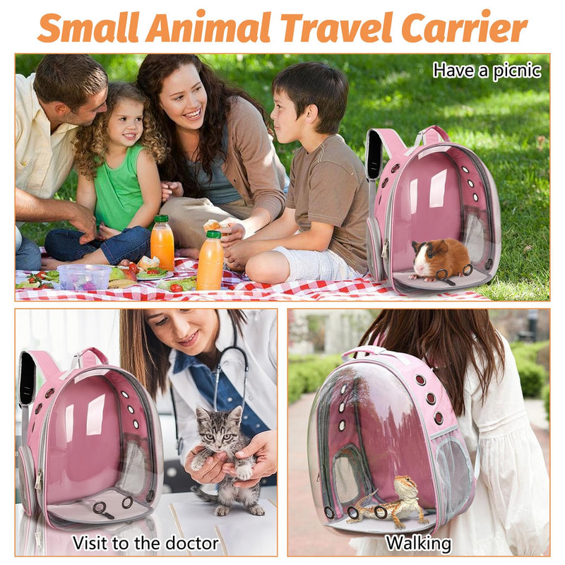 kathson Bearded Dragon Carrier with Harness and Leash Set, Large Reptile Travel Carrier Portable Lizard Backpack Clear Small Animals Carrying Bag for Gecko Hamster Rabbit Hedgehog Kitten (Pink) Pink