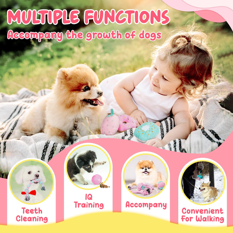 XIUGOAL Pink Puppy Toys for Boredom - 23 Pack Puppy Chew Toys for Teething, Interactive Dog Toys for Puppies, Cute Small Dog Toys with Treat Ball, Squeaky Dog Chew Toys and Ropes A - 23 Pack - PawsPlanet Australia