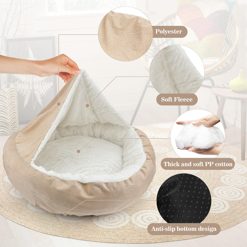 Dog Bed Warm with Hooded Blanket, Anti-Anxiety Puppy Pet Bed Cave Super Soft, Non-Slip Bottom, Machine Washable, Cozy Donut Indoor Pet Beds Fluffy for Dogs and Cats, Fits up to 26.5lbs, 23.6inch Beige S-23.6 inch - PawsPlanet Australia