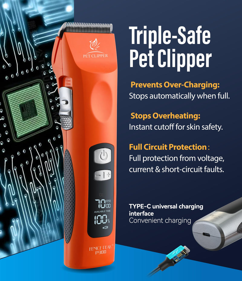 Professional Dog Grooming Clippers with 17H Runtime & Replaceable 440C Blade, 5-Speed Low Noise Electric Dog Shaver for Thick, Matted, Curly Hair, Cordless Clipper for Groomer & Home Use, Orange Clipper+10FC Blade - PawsPlanet Australia