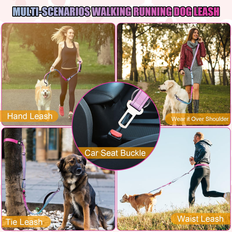 Heavy Duty Hands Free Dog Leash, 5-7 FT Reflective Adjustable Waist Dog Leash Belt with Padded Handles, Shock Absorbing Bungee and Car Seat Belt for Large Medium Dogs (Gradient Pink, XL) XL - 3 Handles, 5.4-7.0 FT Length Gradient Pink