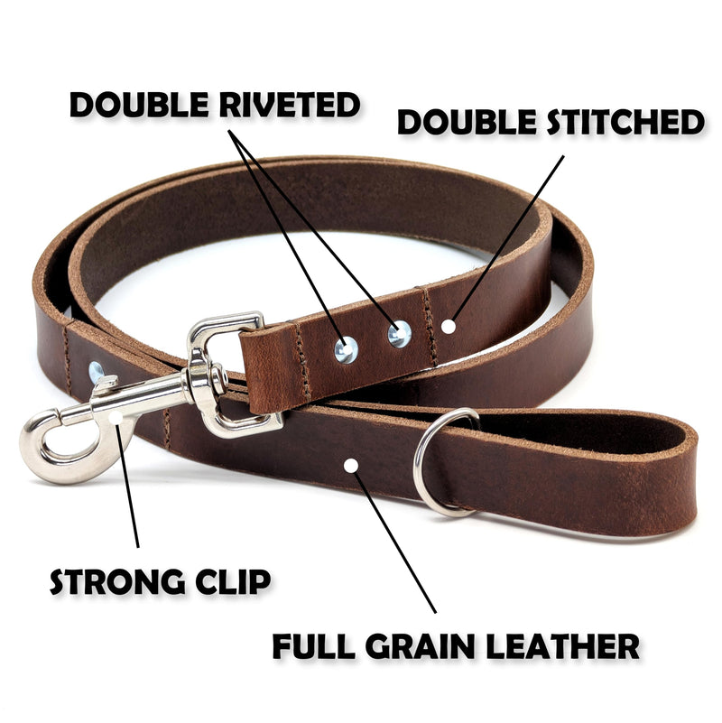 Ashford Ridge Full Grain Leather Dog Lead, Made in England - Antique Brown Small (1m) Small (1m) - PawsPlanet Australia