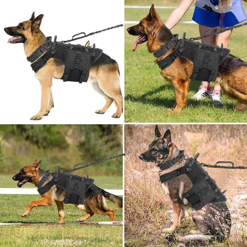 Tactical Dog Vest Harness and Training Dog Collar with Bungee Dog Leash Set No Pull Military Dog Harness with 2 Detachable and 1 Water Bottle Pouches for Outdoor Training Service, Black L - PawsPlanet Australia