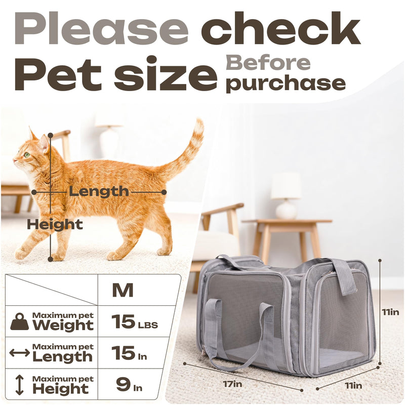 Airline Approved Medium Pet Carrier for Cats & Dogs – Foldable Dog Bag with Soft Mat, Breathable Mesh Windows, Travel-Ready Cat Carrier (Up to 15 lbs, Grey) - PawsPlanet Australia