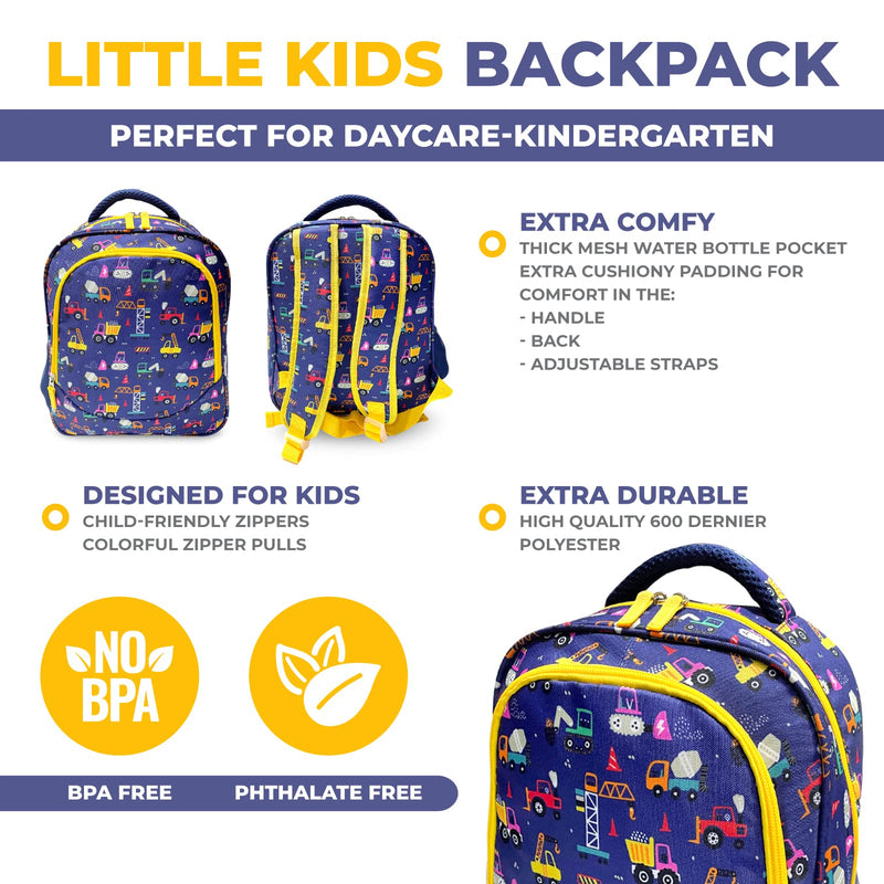 Toddler Backpack for Boys, Cute 13” Daycare PreSchool Kindergarten Elementary School Boy Backpacks, Water Bottle Pocket Holder, Insulated Padded Bags for Toddlers Kids Travel Bag, Blue Yellow Trucks - PawsPlanet Australia