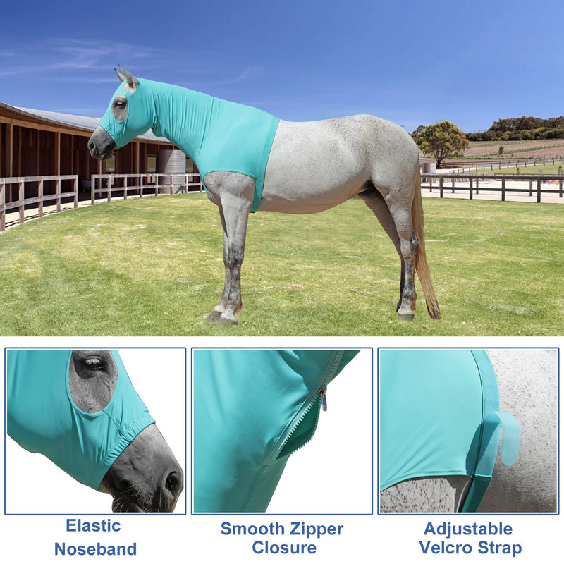 Horse Slinky Hood with Zipper, Stretch Spandex Sleazy Hood for Mane Protection, Breathable Horse Neck Cover for Show Prep, Braids Saver, Sleek Grooming Under Blanket Use Turquoise Large - PawsPlanet Australia